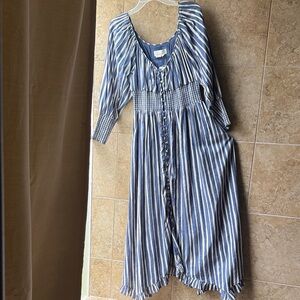 Long-Sleeve Sweetheart Dress Anthropologie Blue White Stretch Waist Pockets NWT